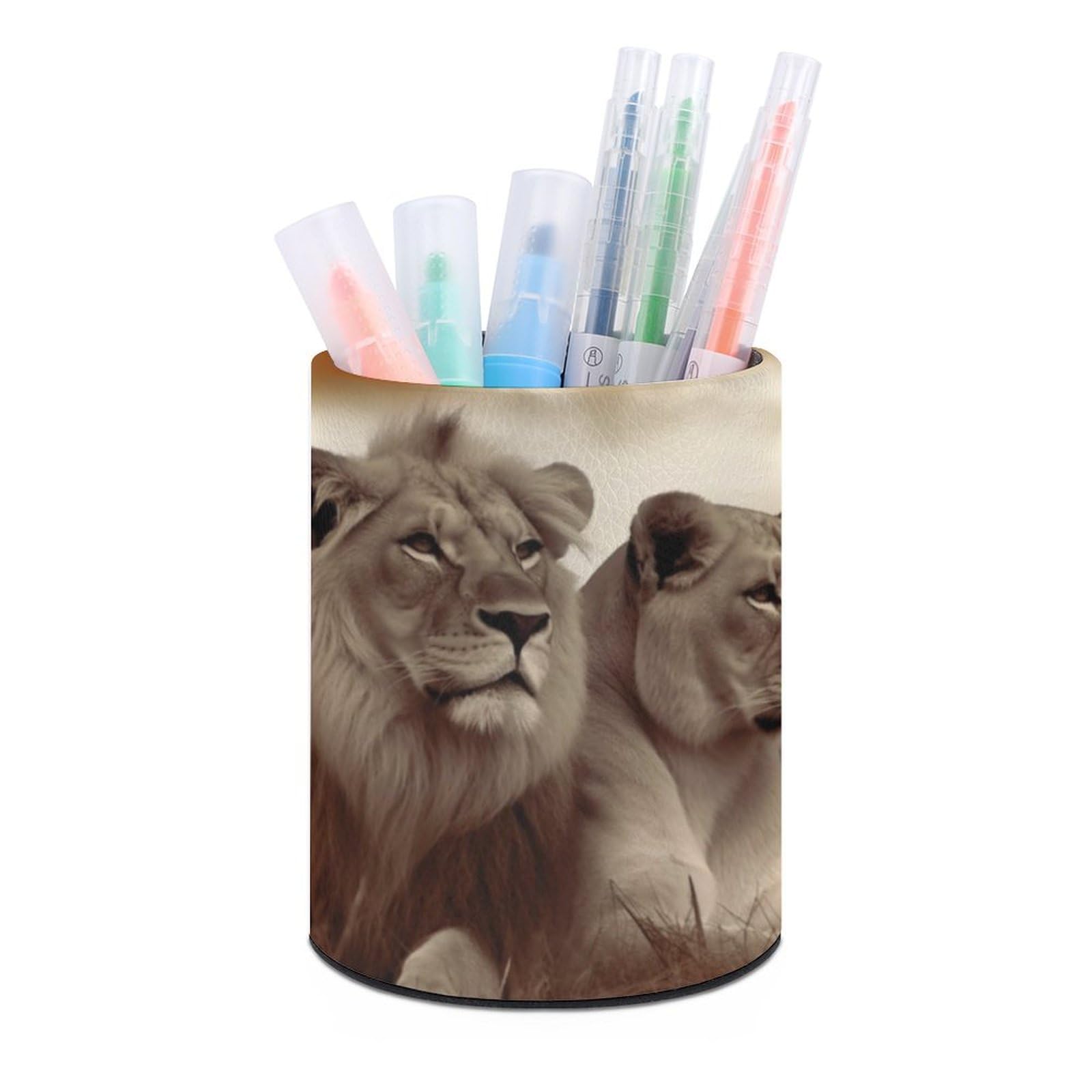 JTREHY Round Pen Holder,African Lion And Lioness Printed Makeup Brush Storage Box Desktop Stationery Storage Cup Office Accessories Storage Box Pencil Storage Box for Home Office Dressing Table