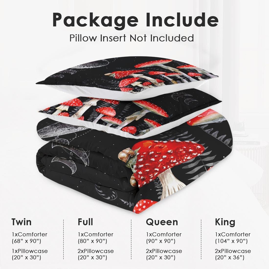 WeCozy Full Size Comforter Set with 2 Pillowcases, Mushroom Wildflower Dandelion 3 Pcs Bedding for Kids and Adults, Flower Summer Moon Phases Soft Comforter Set for Bedroom Bed Decor