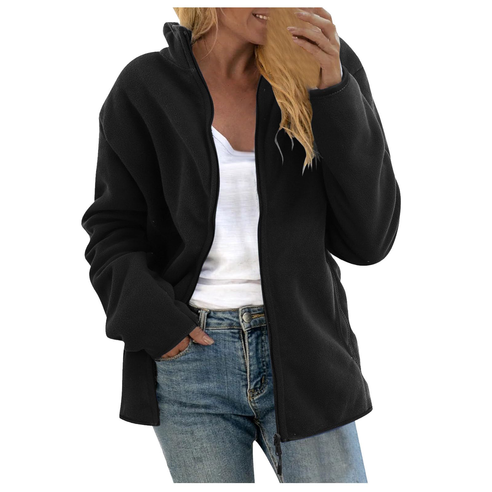 NSICBMNO Veste polaire grande taille à capuche zippée avec poches pour femme - Manteaux d'hiver en polaire à manches longues - Manteau moelleux ouvert sur le devant - Vestes de sport
