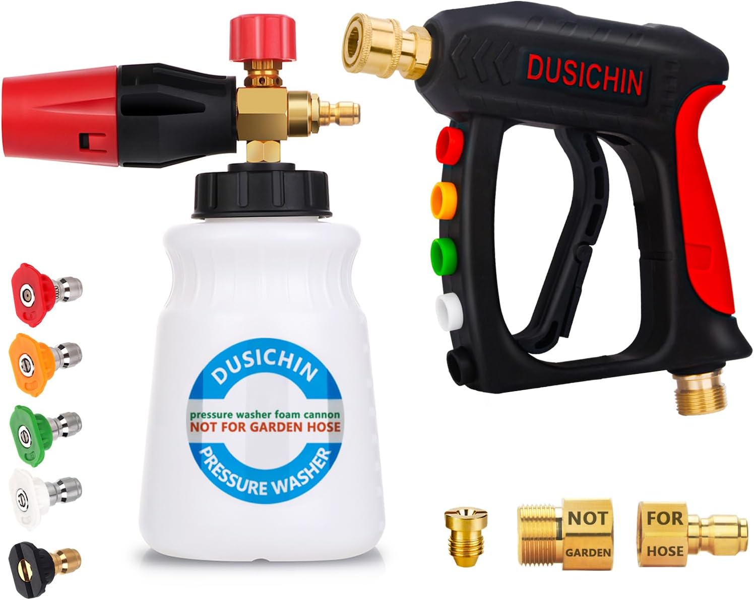 DUSICHIN Foam Cannon Short Pressure Washer Gun 1/4 Inch Quick Connector,5 Pressure Washer Nozzle Tips Car Wash Foam Gun 3/8'' Swivel Quick Connector,M22-14mm M22-15mm Fitting,Not Use with Garden Hose