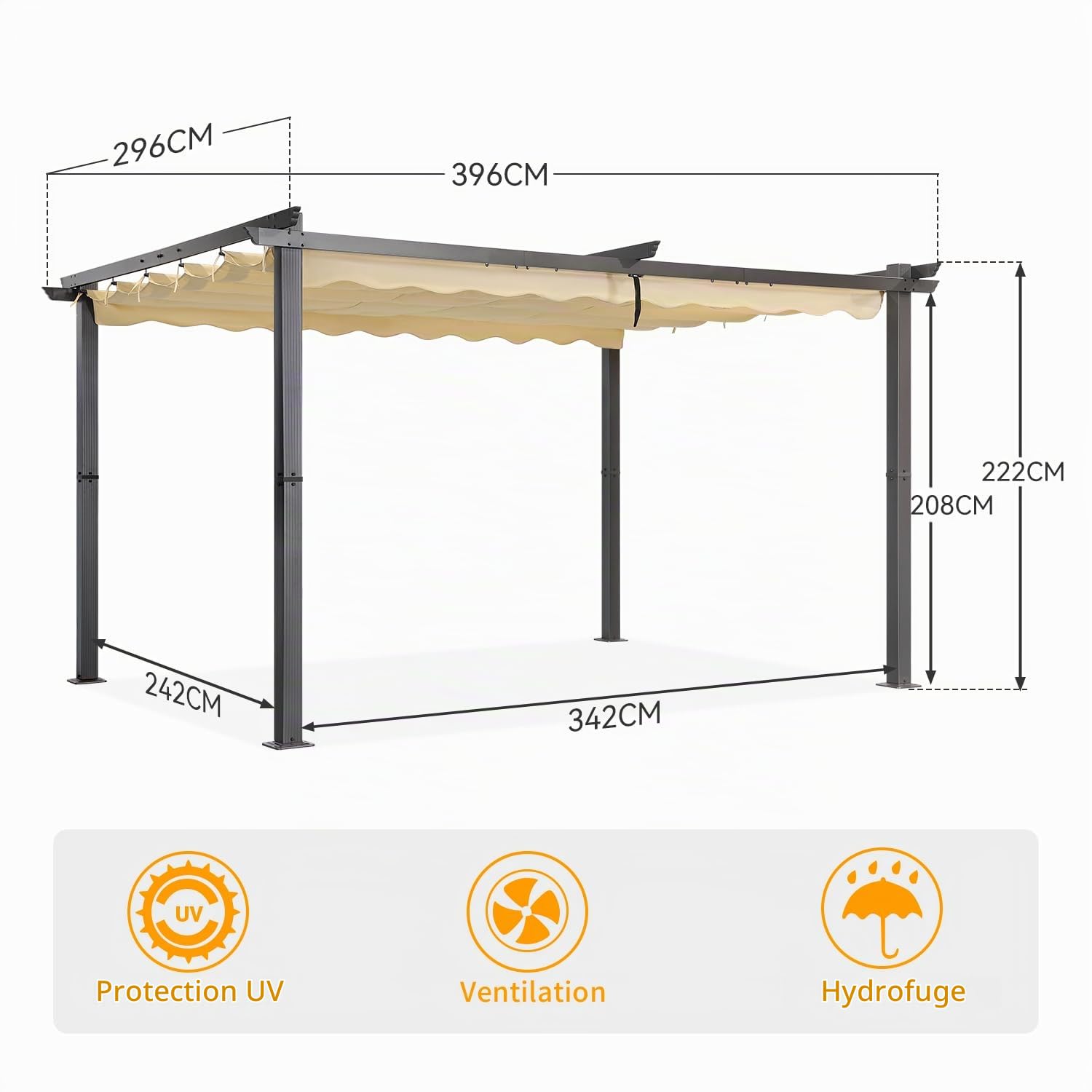 Angel Living Pergola en Aluminium, 4x3M, Coulissante Rétractable, Tissu en Polyester Haute Densité Hydrofuge et Résistant aux UV, Abri Soleil Pavillon de Jardin pour Jardin Terrasse, Beige