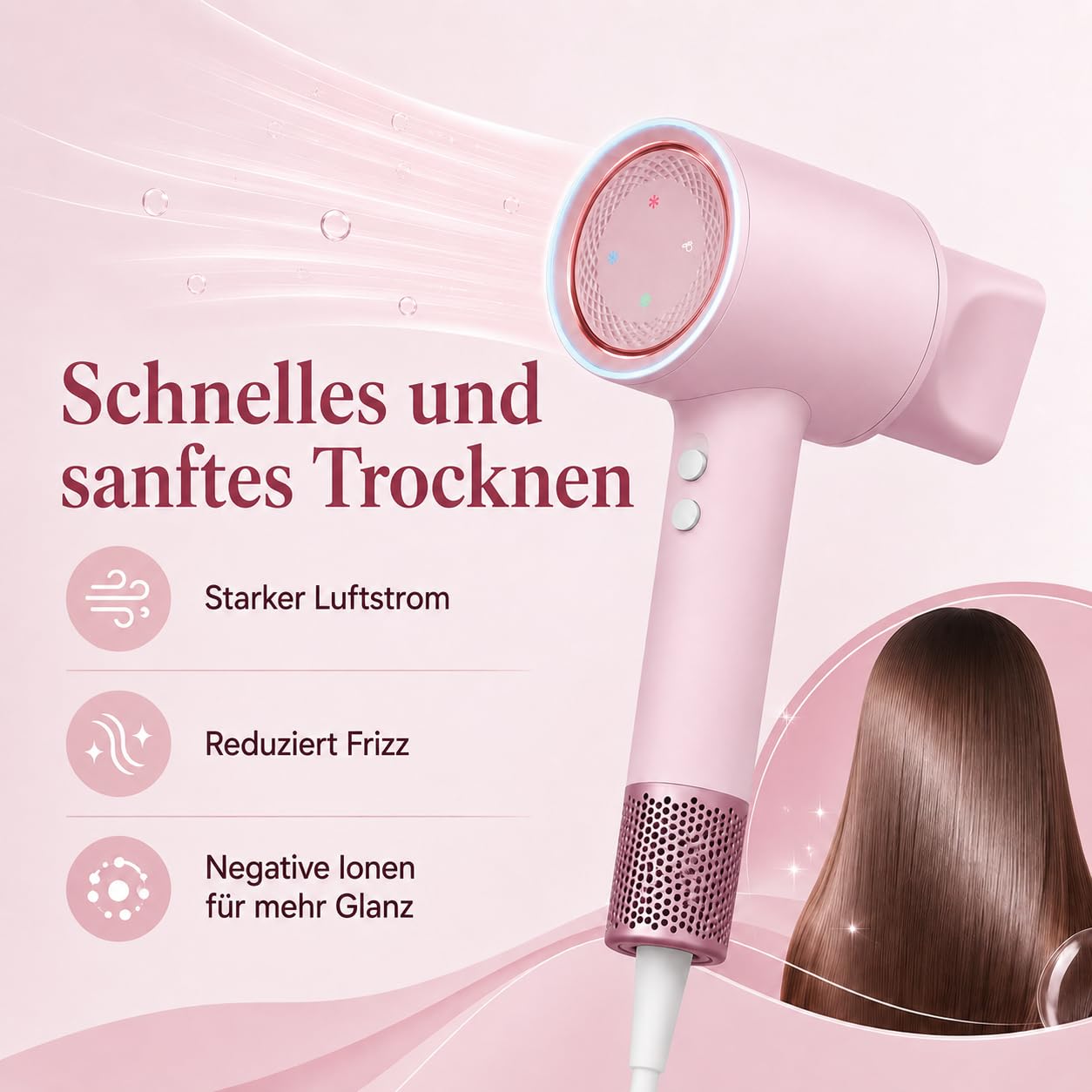 2025 Professioneller Ionen-Haartrockner mit 3 Einstellungen, 1600 W, KI-Technologie und 200 Millionen negative Ionen für Zuhause, Reisen, Fitnessstudio (Rosa)