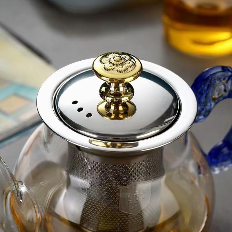 Image of Premium Glass Teapot 500Ml for Gas Stove - Borosilicate Kettle with 304 Stainless Steel Infuser, Elegant Blue Handle, Heat-Resistant & Drip-Free Spout (Blue Handle)
