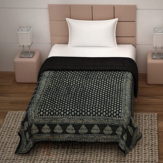 SIBLEY Cotton Jaipuri Light Weight Pure Cotton Traditional Rajasthani Print Black Colour Single Bed Quilt/Razai/Rajai (55X85 Inches)-image-10