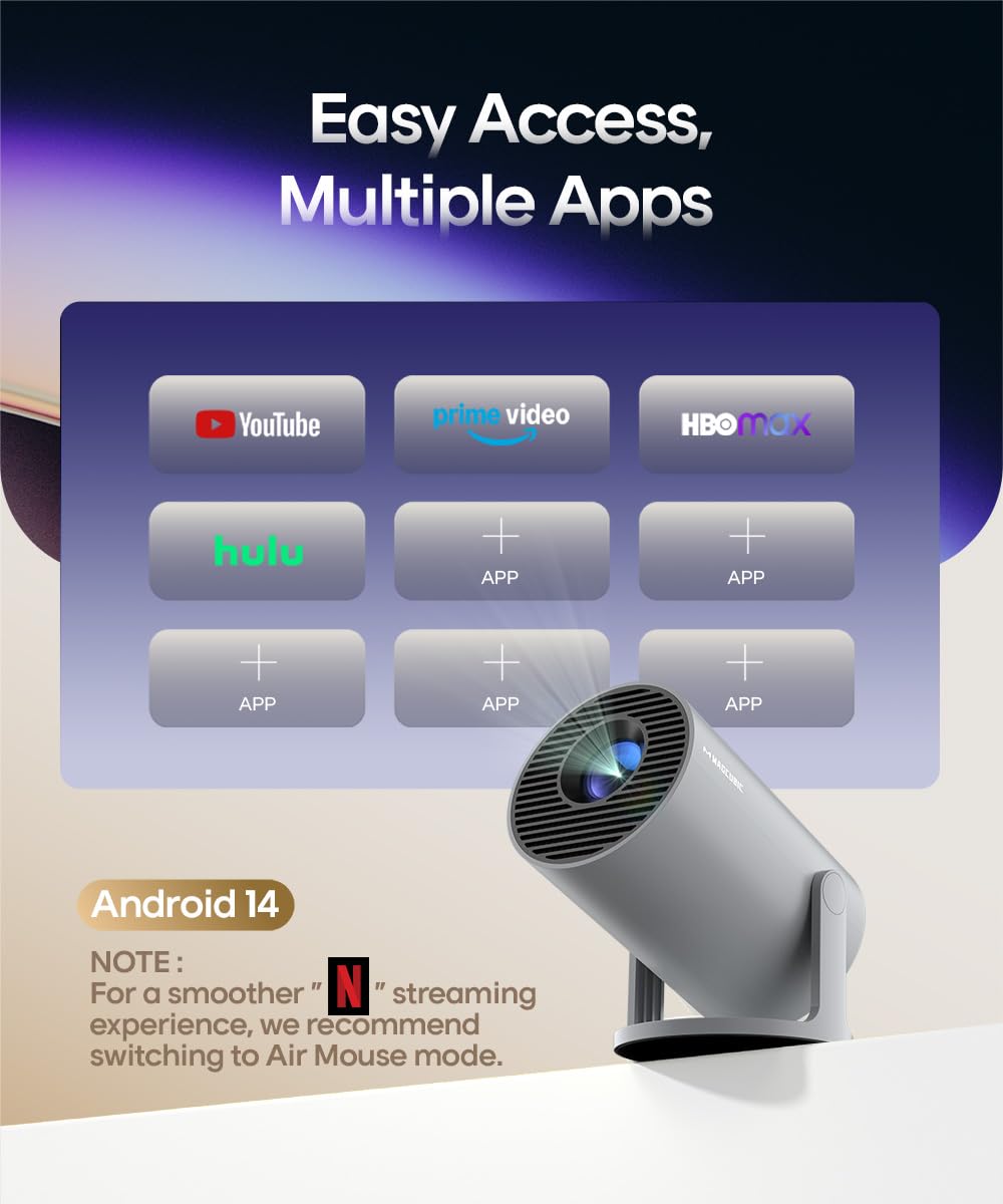 Gris Mini proyector portátil Auto Keystone, proyector Inteligente 4K/ 200 ANSI con WiFi 6, BT 5.4, Pantalla de 130 Pulgadas, Giro de 180 Grados, Sistema operativo