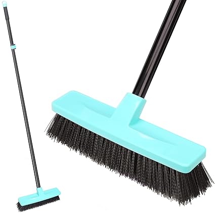Push Broom Stiff Bristles Heavy-Duty Outdoor Broom with Telescopic 59 in Long Handle for Cleaning Scrubbing Deck Driveway Yard Patio Garage Concrete Wood Stone Tile Multi-Surface Floor