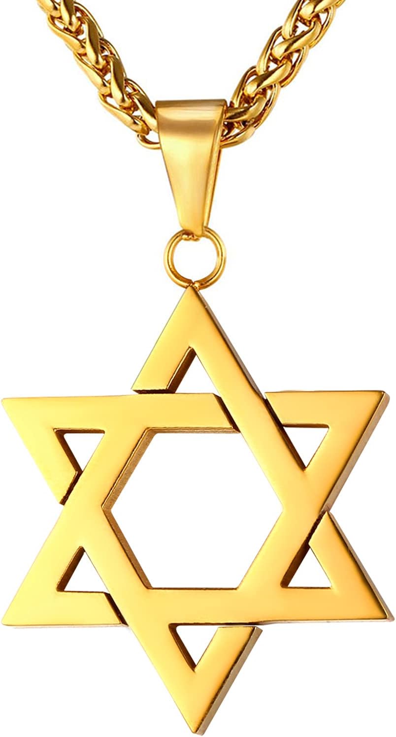 U7 Men Women Jewish Jewelry Megan Star of David Pendant Necklace 18K Gold Israel Necklace, Rope or Leather Chain, Length 22"-26", Customize Engraving Back Side medium gold