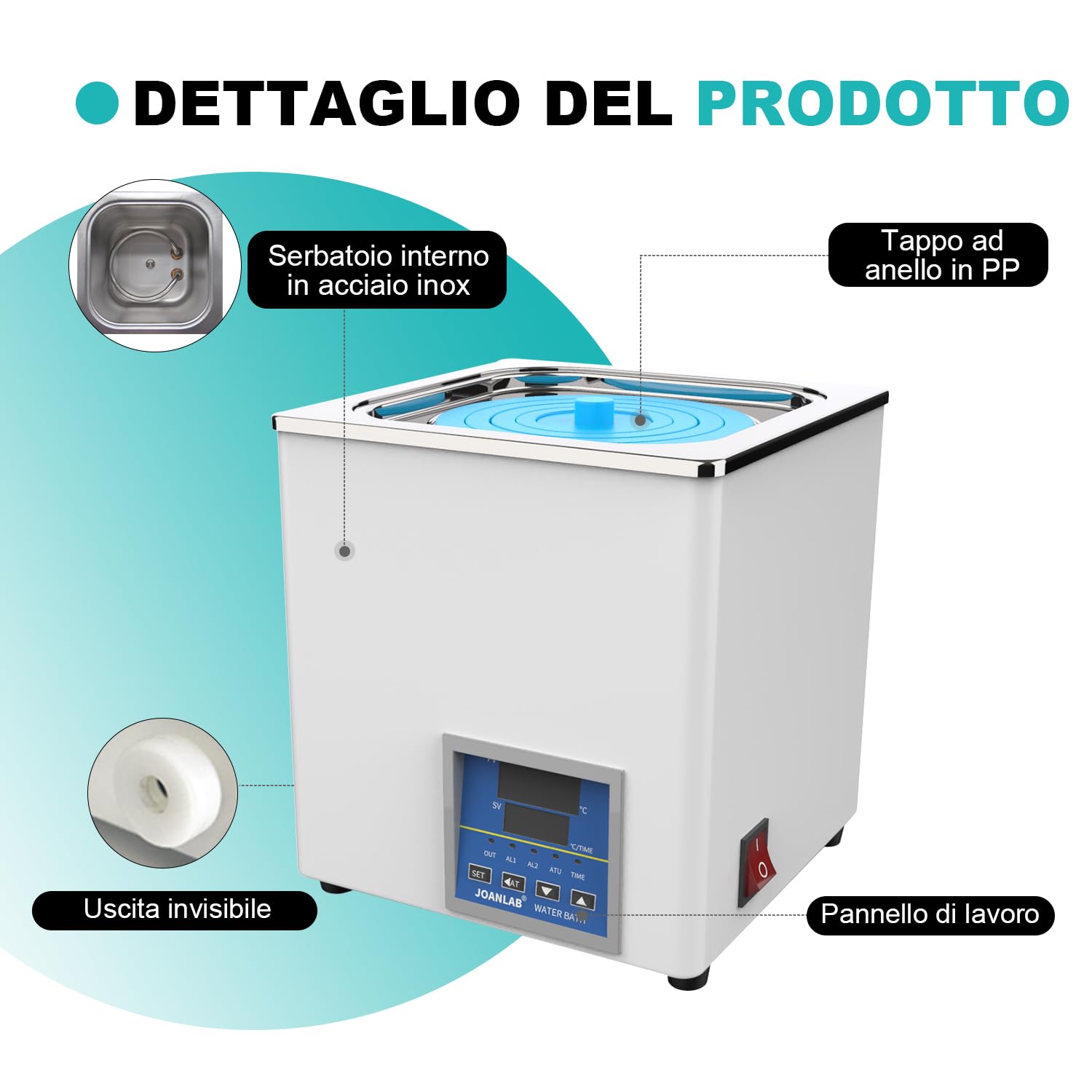 JOANLAB Bagnomaria da Laboratorio 3L, 300W - Singola Apertura, Acciaio Inox - Termostato Digitale ±0,1°C - Timer 0-99 Min - Display LED