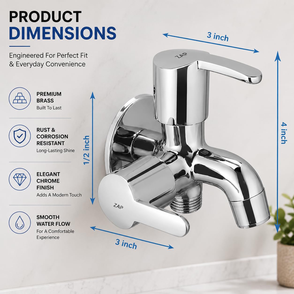 ZAP 2-in-1 Brass Bib Cock Tap for Bathroom & Kitchen | Dual Outlet Wall Mounted Faucet with Foam Flow Aerator | Quarter Turn Handle | Chrome Finish Two Way Water Tap with Wall Flange