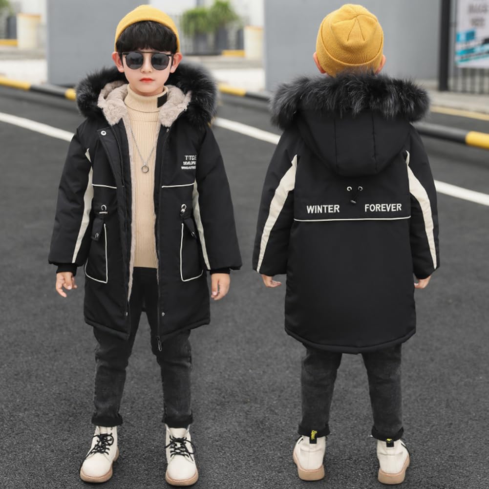 Veste Garcon Chaud Coupe-vent Manteau Enfant Epais Polaire Blouson Long Décontracté Hiver Vêtement avec Capuche à Col de Fourrure