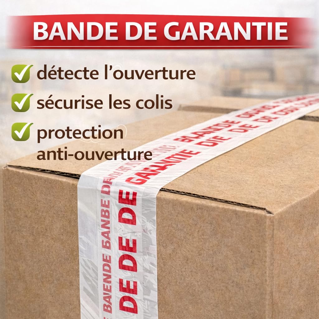 Ruban Adhésif BANDE DE GARANTIE - 50 mm x 66 m – Lot de 18 Rouleaux + Dévidoir Offert – Adhésif Blanc & Rouge – Ruban Adhésif Emballage pour Cartons, Déménagement, Colis, Stockage et Expédition
