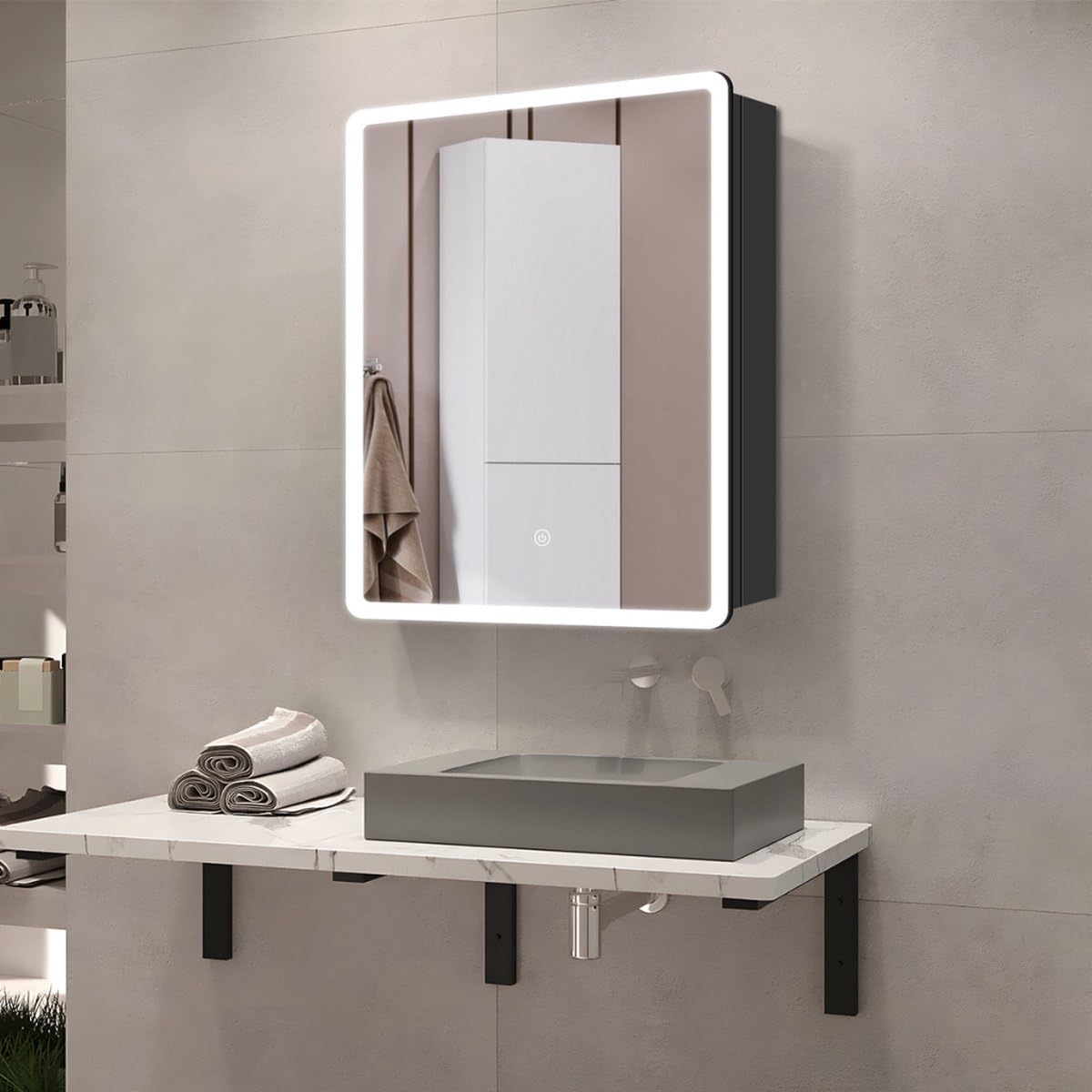 SensaHome Armario con Espejo y Luz LED - Armario para Baño - 3 Colores de LED - 50x70cm