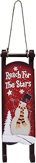 Wood Hanging Sled Christmas Decor Decorative Snowman Ornaments for Wall Porch Vintage Winter Holiday Merry Xmas Decoration Indoor Outdoor Red Sleigh Sign with Rope (Reach for The Stars)