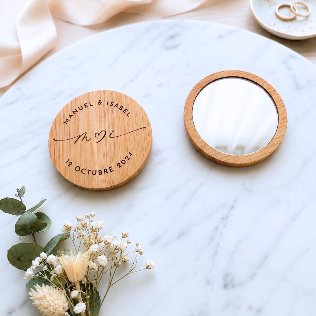 Amaisso® Espejo de Madera Personalizado para Boda con Grabado Pack 10 | Detalle para Invitados de Boda, Comunión y Bautizo | Regalo Personalizado con Nombres, Fecha y Diseño Elegante