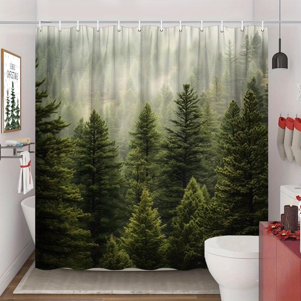 GLKSDLPO 1pc Nature Pine Trees Shower Curtain Dark Green Forest Landscape Bathroom Decor Bath Barrier Curtain Set with 12 Hooks(80x100cm/31x39in(WxH))