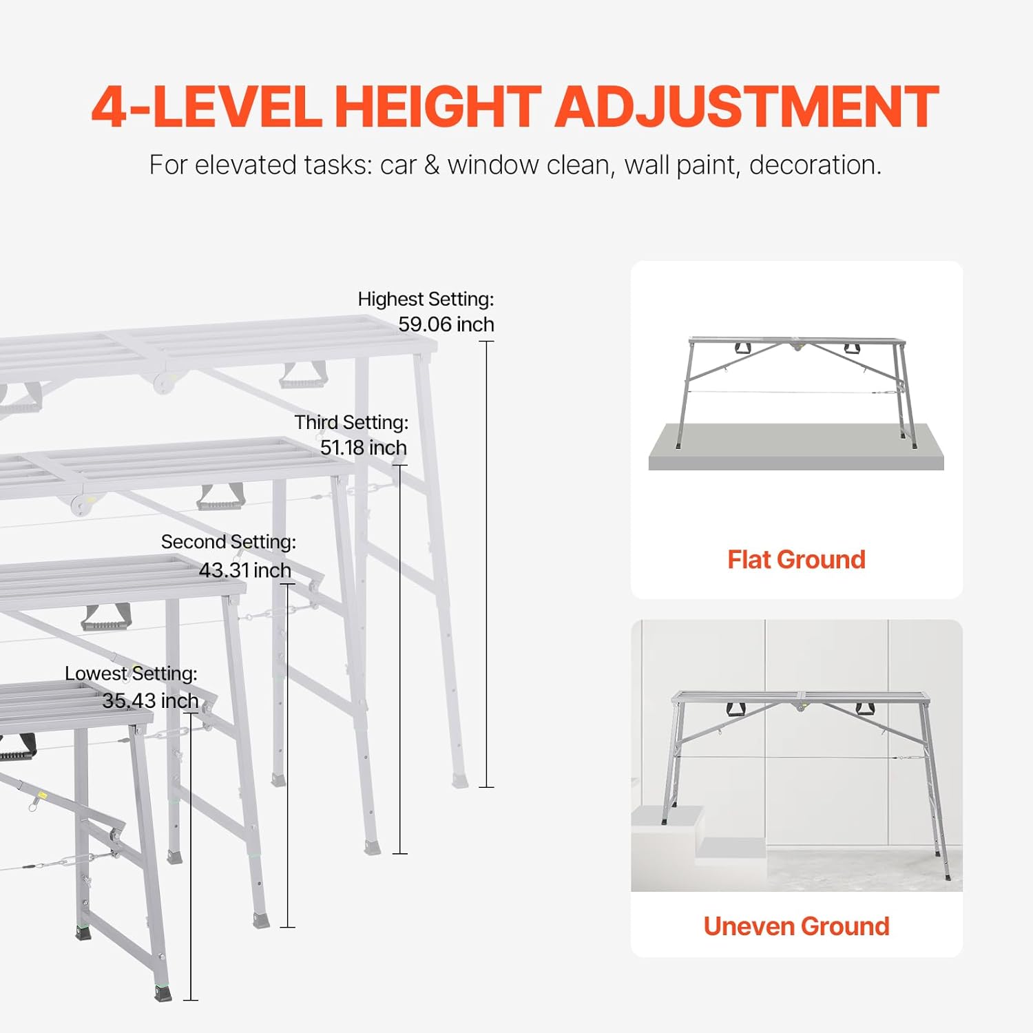 VEVOR Work Platform, 71"x 15" Portable Scaffolding Platform, Folding Steel Step Ladder Adjustable Height 35.4”-59.1”, 800 lbs Load Capacity, Non-Slip Drywall Painting Stool for Cleaning &Washing