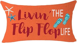 Livin' The Flip Flop Life Starfish Shell Fun Quote Gift for Beach Lake Camping Outdoor Throw Pillow Cover Cushion Case Cotton Linen Decorative Lumbar 12x20 inch