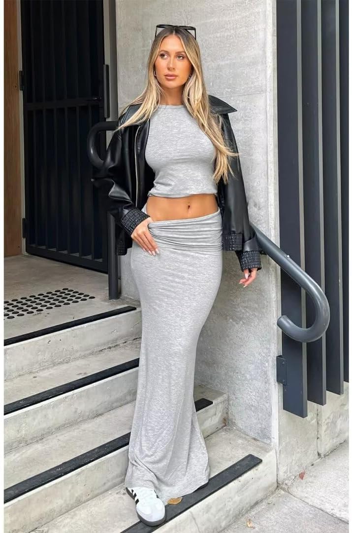 Two Piece Skirt Set for Women Summer Going Out Outfits Sleeveless Crop Tank Tops and Sexy Bodycon Maxi Skirts Set - Image 4