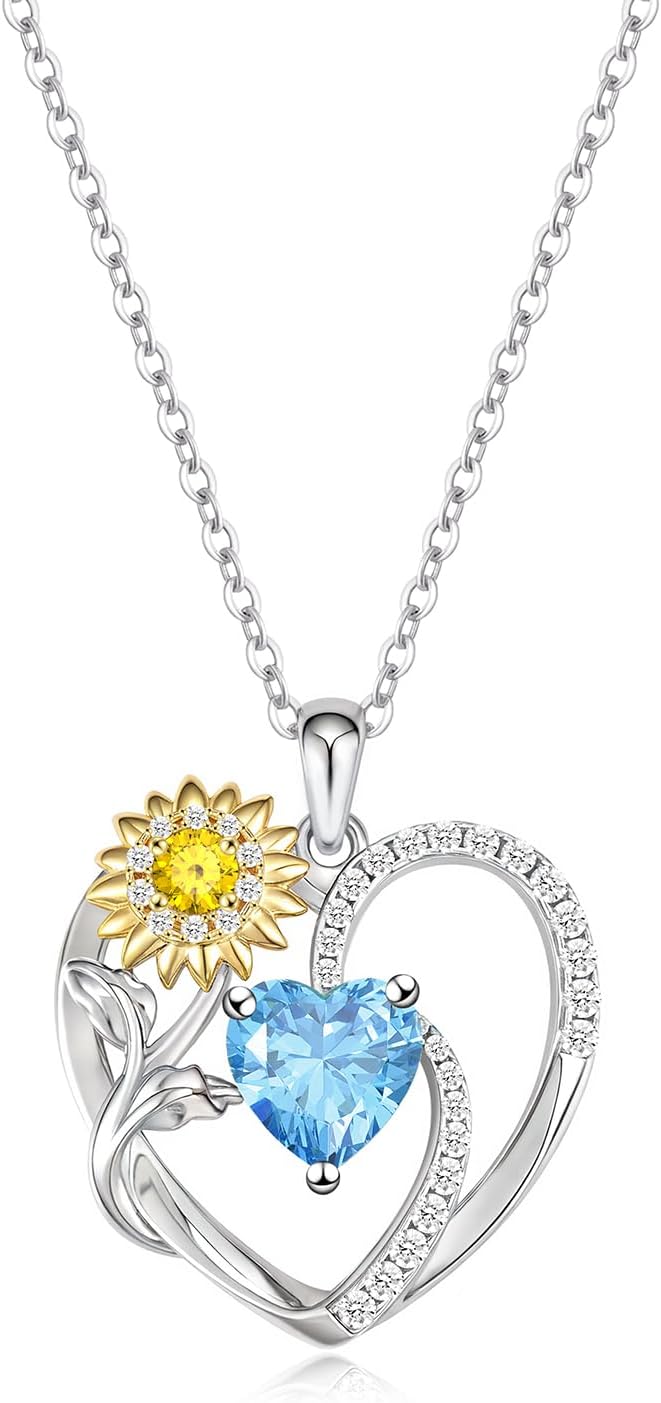 Heart Birthstone Rose Necklace for Women: Genuine 925 Sterling Silver Rose Gold Pendant Dainty Necklace Gold Jewelry Valentines Christmas Anniversary Birthday Gifts for Wife Mom Daughter