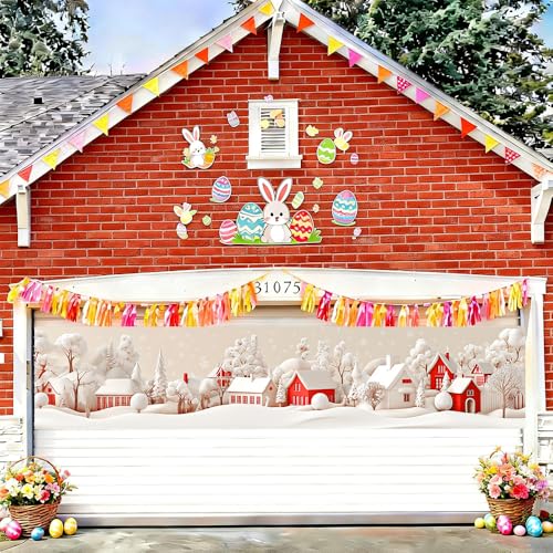 Image of Christmas Village Banner 78.7 x 17.7 Inch Red and White Snowy House Scene Winter Landscape Holiday Decoration for Yard Garden Fence or Indoor Wall Display Perfect for Seasonal Celebration Decor