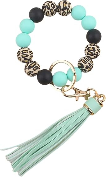 Leopard Silicone Beaded Wristlet Keychain, PU Tassel Bracelet Bangle Beads Car Keyring for Women,Wrist Key Chains
