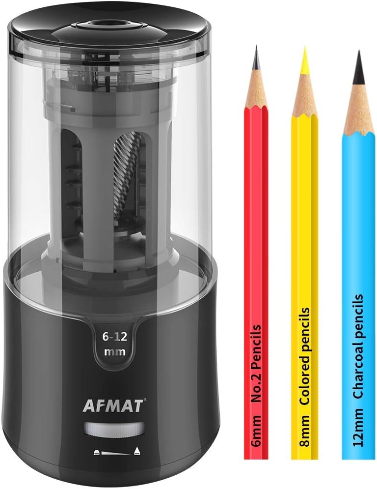 AFMAT Electric Pencil Sharpener, Pencil Sharpener for Colored Pencils, Auto Stop, Super Sharp & Fast, Electric Pencil Sharpener Plug in for 6-12mm No.2/Colored Pencils/Office/Home-Black : Office Products