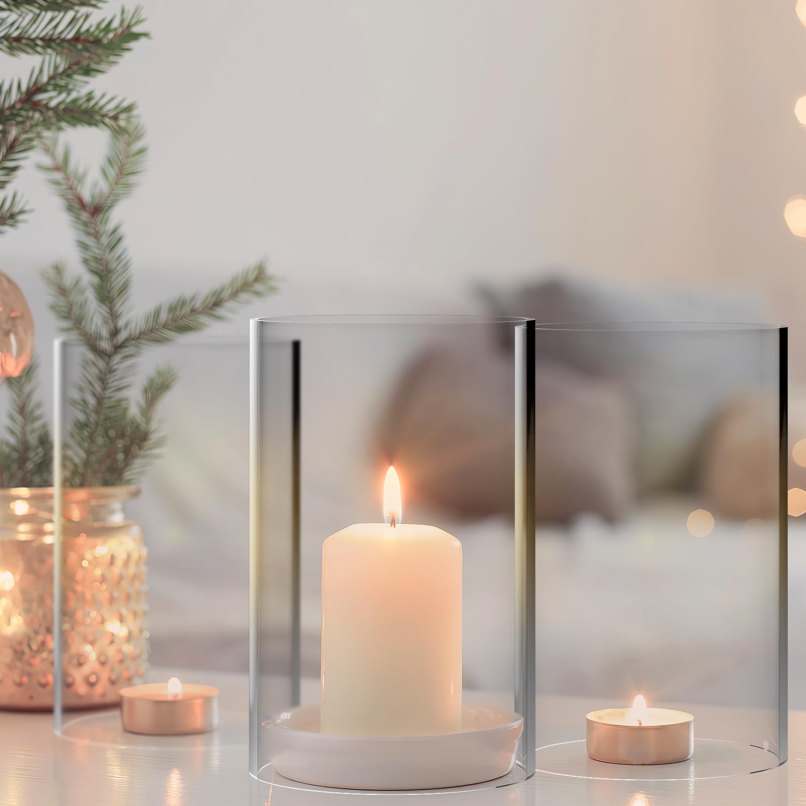 HOMSFOU Cilindro de cristal para velas, 4 unidades, portavelas a prueba de viento, cúpula para vela de té, 8 x 10 cm