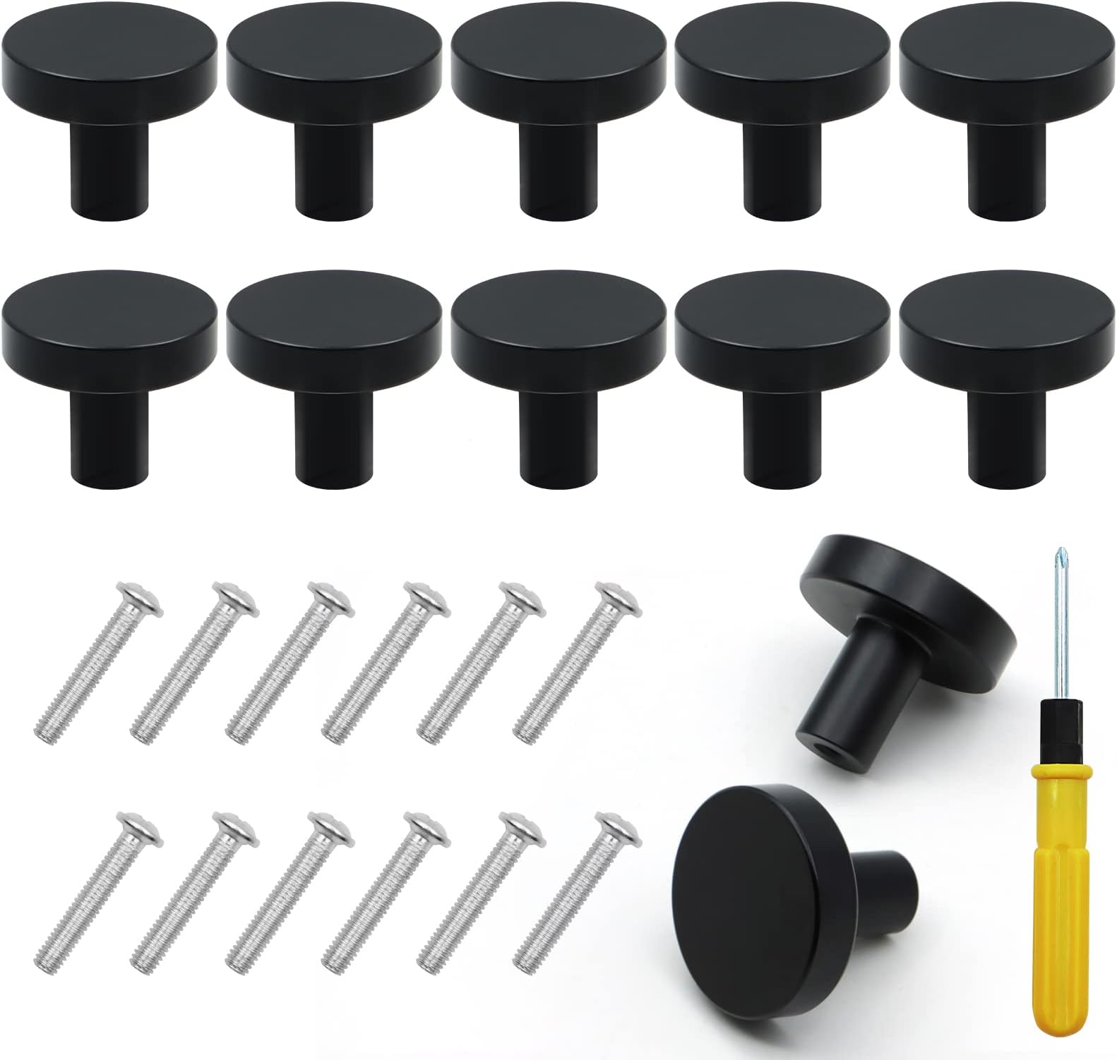 ZOCONE 12 Pcs Black Door Knobs, 29mm Round Cabinet Knobs with 12 Screws & Double-Ended Dual-Purpose Screwdriver Black Kitchen Drawer Knobs for Cupboard Wardrobe Furniture-Minimalist Modern Style