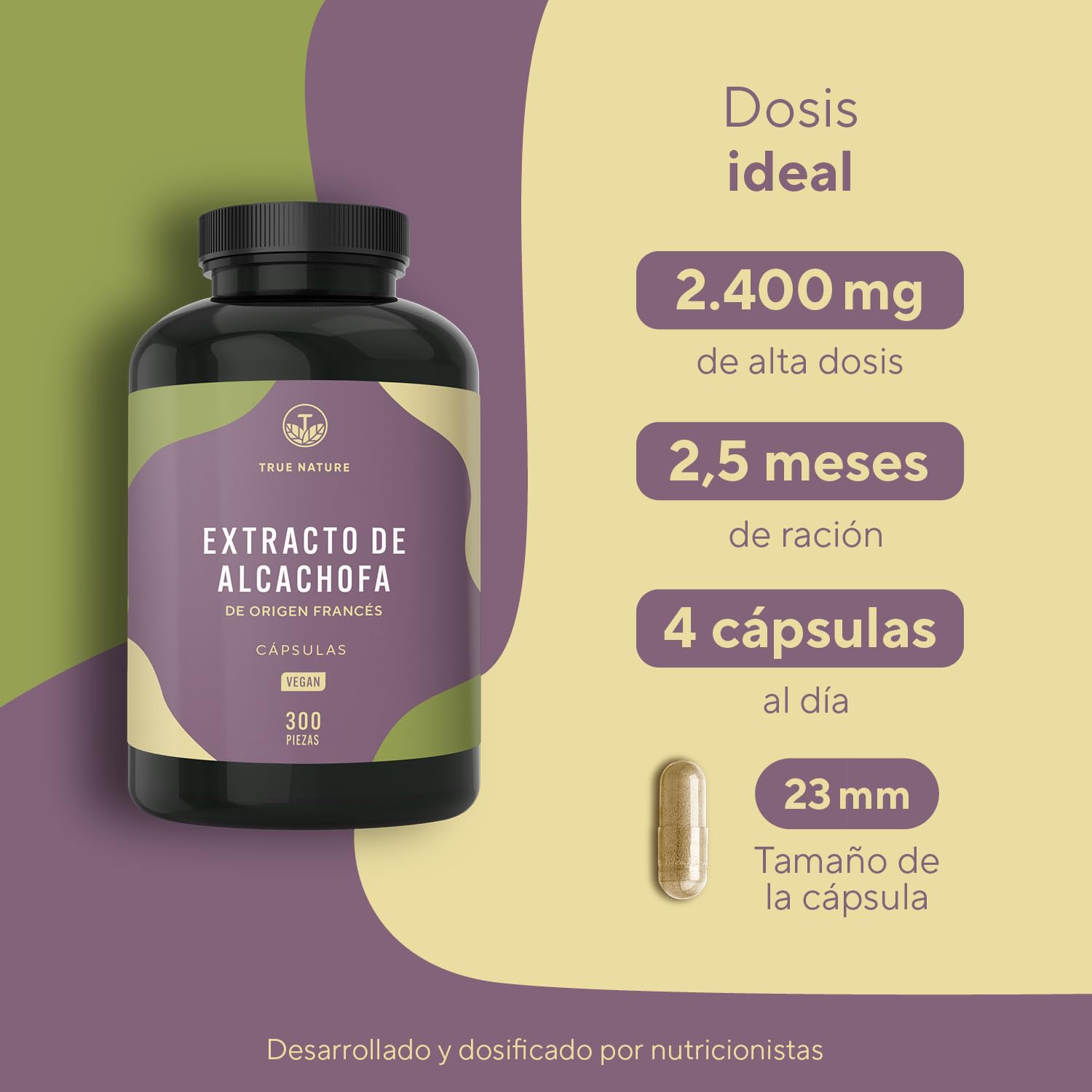Extracto de Alcachofa - 2400mg al día - 300 Capsulas - 12:1 extracto (60mg Cynarin) - Autentico Extracto de Alcachofa Francesa - Vegano y Probado en Laboratorio - TRUE NATURE®