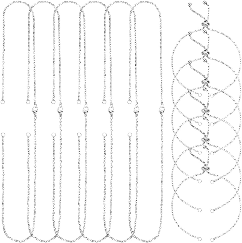 SUNNYCLUE 1 Box 12Pcs Cable Link Chain Necklace Slider Chain Bracelet Silver Metal Stainless Steel Adjustable Connector Extender Links with Lobster Claw Clasps for Jewelry Making DIY Crafts Supplies