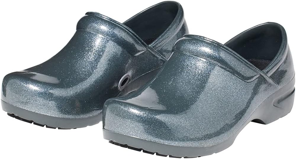 Anywear SR Angel Slip Resistant Work Shoes for Women - Fluid Resistant Nursing Clogs - All Day Comfort Gardening, Nurse Clogs & Chef Shoes - Silver Cloud Pearl Glitter - 7 Women/5 Men