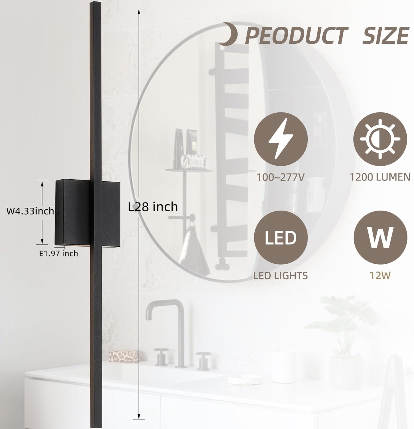 Wall Sconces Set of Two, 28 Inch Dimmable LED Wall Sconce Modern Black Sconces Set of 2 for Bathroom, Living Room, Bedroom, Hardwired 3000K (2 Pack)