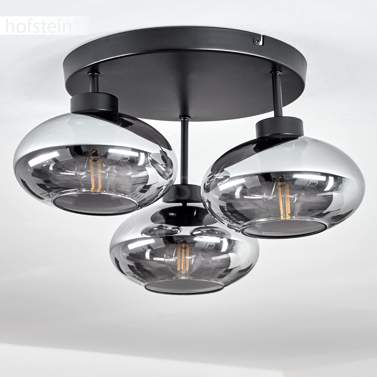 Lampada da soffitto Haikala, lampada da soffitto in metallo/vetro in nero/fumo, lampada retrò/vintage, 3 x E27, paralumi in vetro fumé, senza lampadina/e
