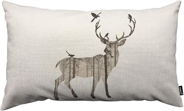 HOSNYE Deer Throw Pillow Cover Pine Forest and Birds Browns Linen Fabric for Couch Bed Sofa Car Waist Cushion Cover 12 x 20 inch Pillow Case