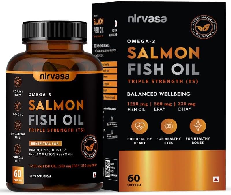 Omega 3 Salmon Fish Oil Softgel Capsules (Triple Strength) for Men & Women | 1250mg Salmon Fish Oil, 560mg EPA & 400mg DHA | No Fishy Burps | Supports Healthy Heart, Brain & Bones – 60 x 1 Cap Omega 3 Salmon Fish Oil Softgel Capsules (Triple Strength) for Men & Women | 1250mg Salmon Fish Oil, 560mg EPA & 400mg DHA | No Fishy Burps | Supports Healthy Heart, Brain & Bones – 60 x 1 Cap