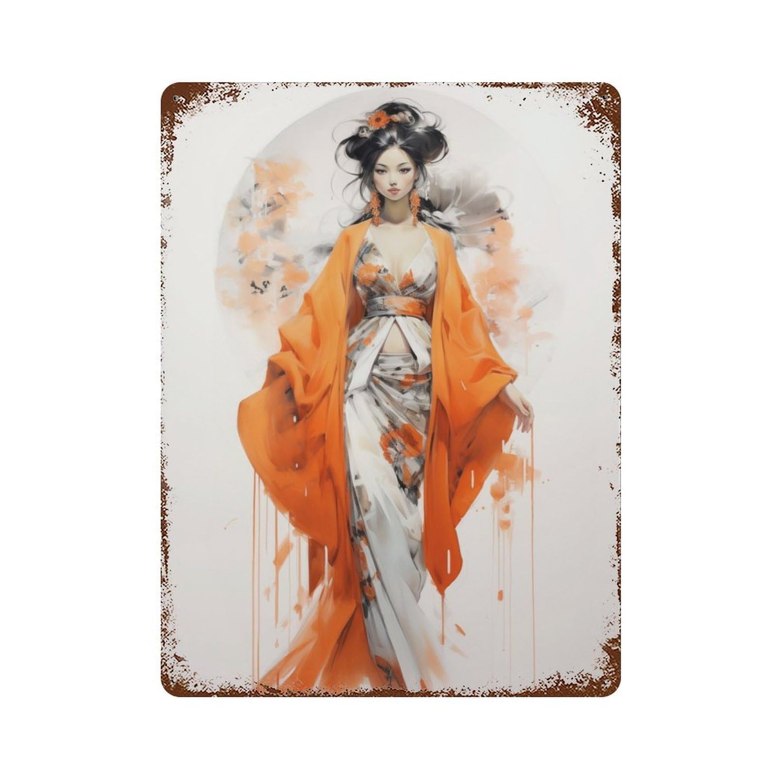 Garage Style Geisha in Orange Rusty Metal Tin Sign 15.7"x11.8", Farmhouse Wall Decor for Bar And Workshop