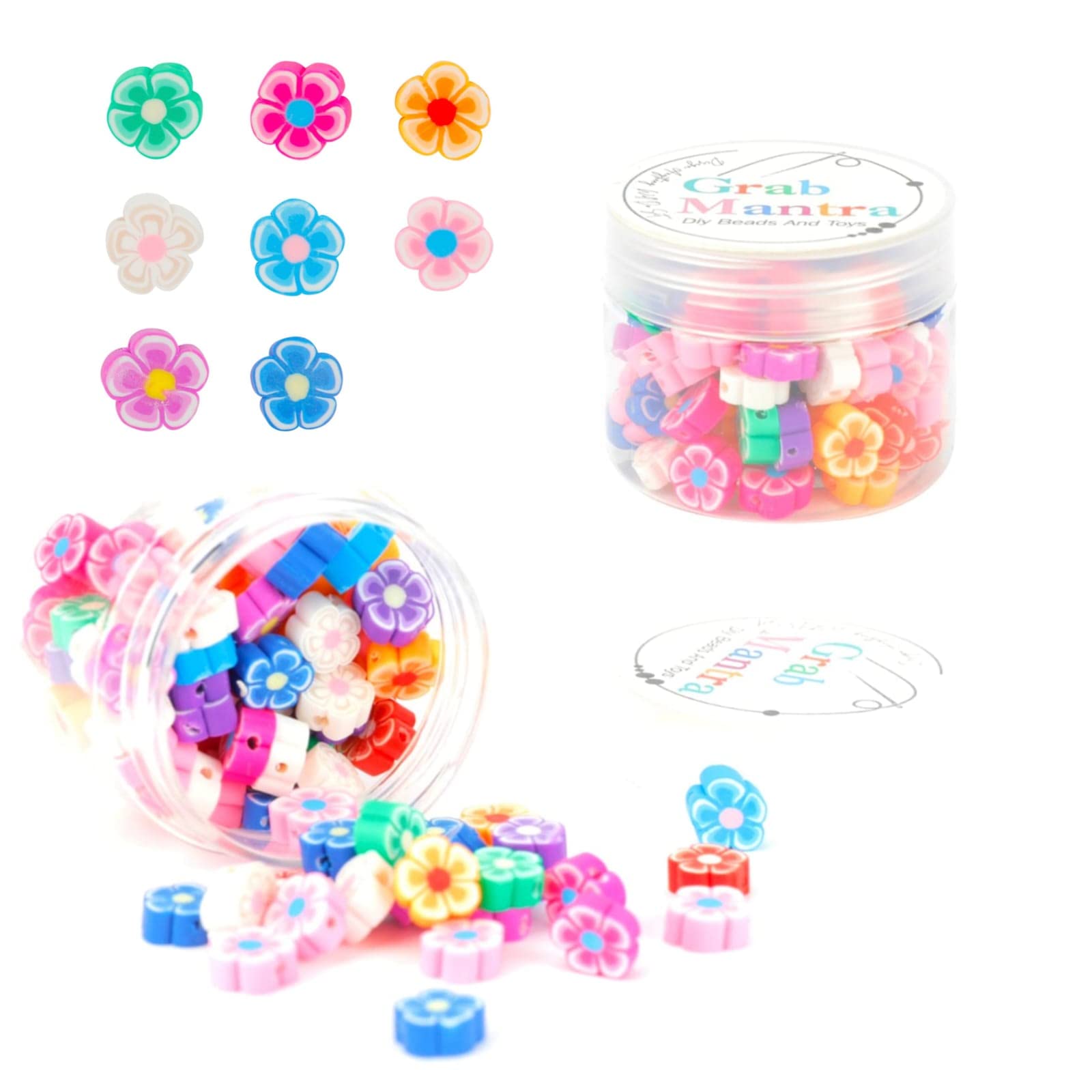Grab Mantra Clay Charms Flower Beads 10mm Polymer Clay Color Mixed DIY Beads for Necklace Bracelet Jewelry Handmade Making Accessories (Jar flower)