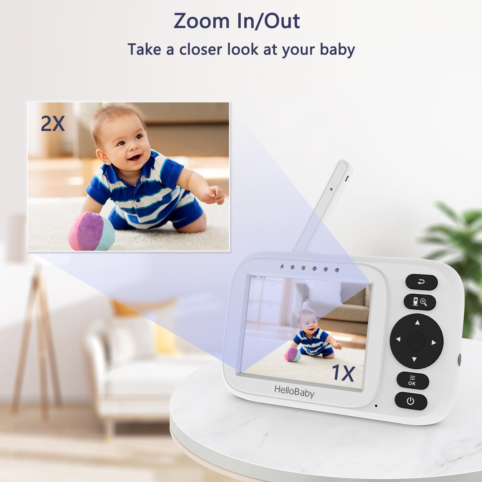 HelloBaby Baby Monitor con Video e Audio, 3.2" IPS Schermo, Zoom Digitale 2X, Visione Notturna, ECO/VOX, Promemoria Poppate, 8 Lingue, Carica USB,Portata 300m