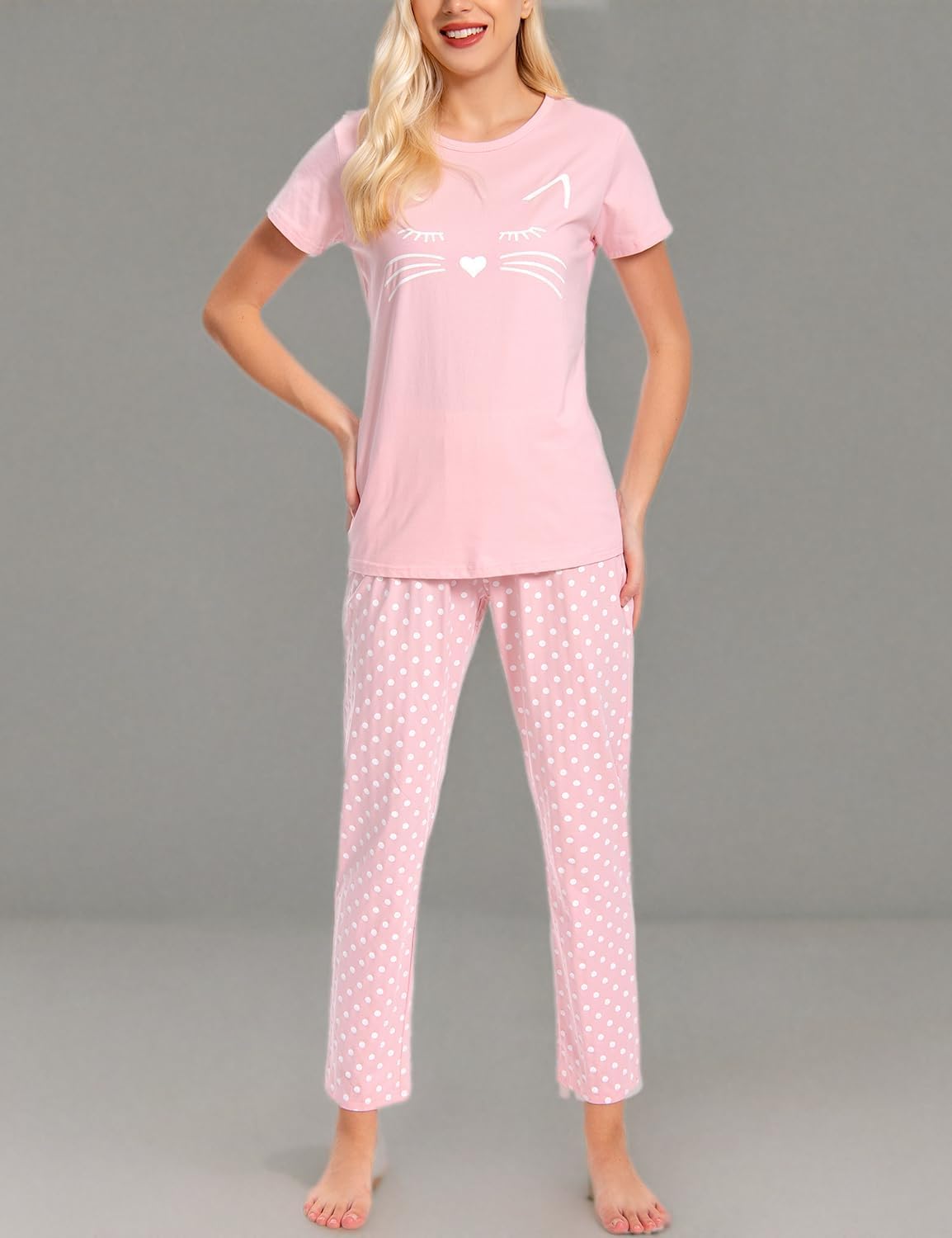EISHOPEER Women's Cotton Pajama Set Cute Printed Short Sleeve Top & Long Pants Sleepwear Pjs Sets - Image 7