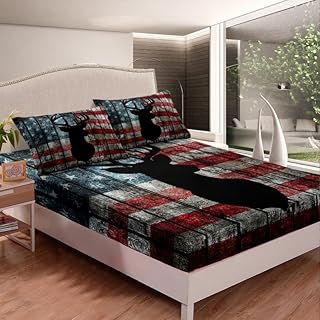 American Flag Fitted Sheet for Girls Boys Kids Deer Bedding Set Room Decorative Antlers Bed Sheet Set Farmhouse Deer Hunting Red Blue Bedspread Cover Room Decor Queen Size
