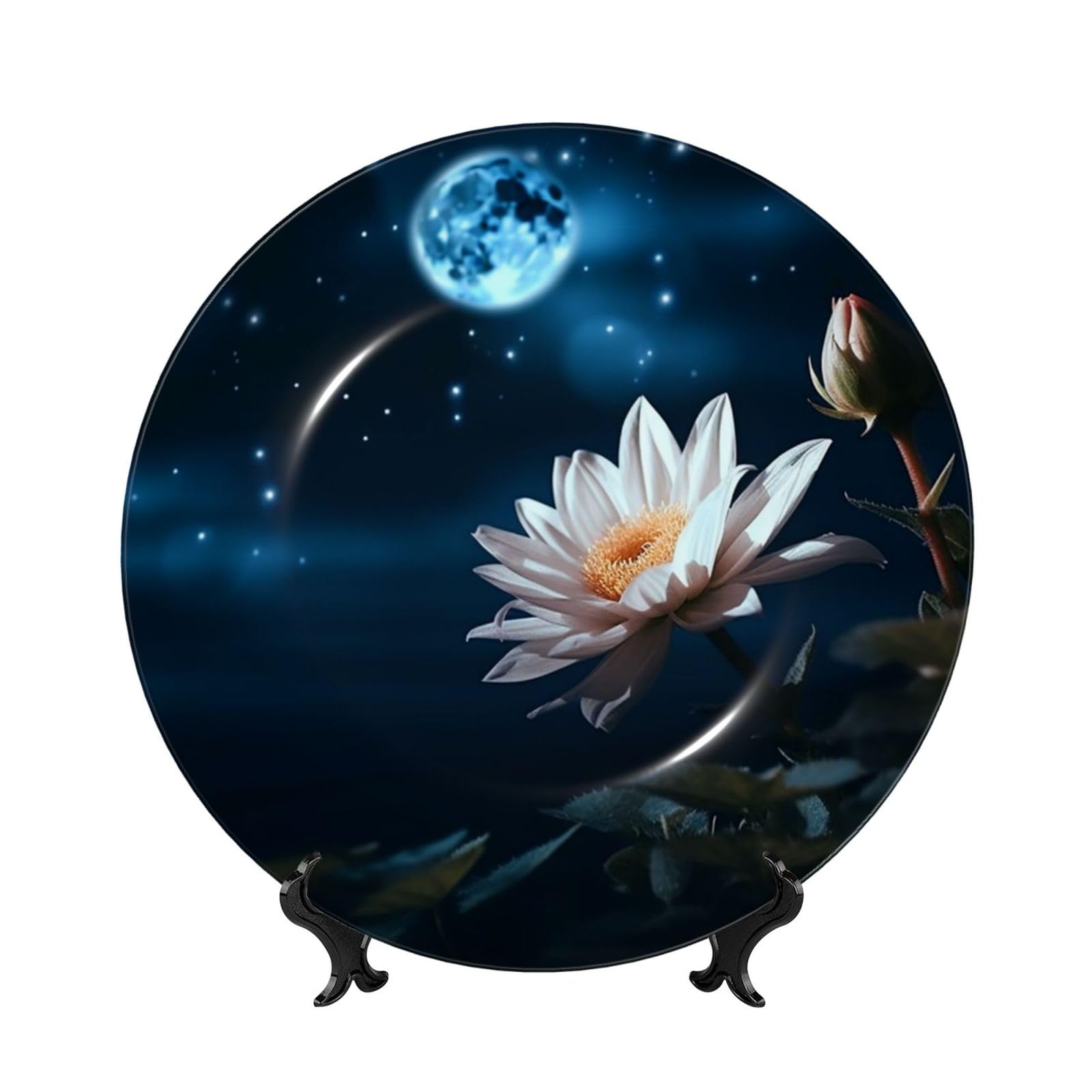 Assiette décorative fleur et lune en porcelaine pour salon et bureau cosy