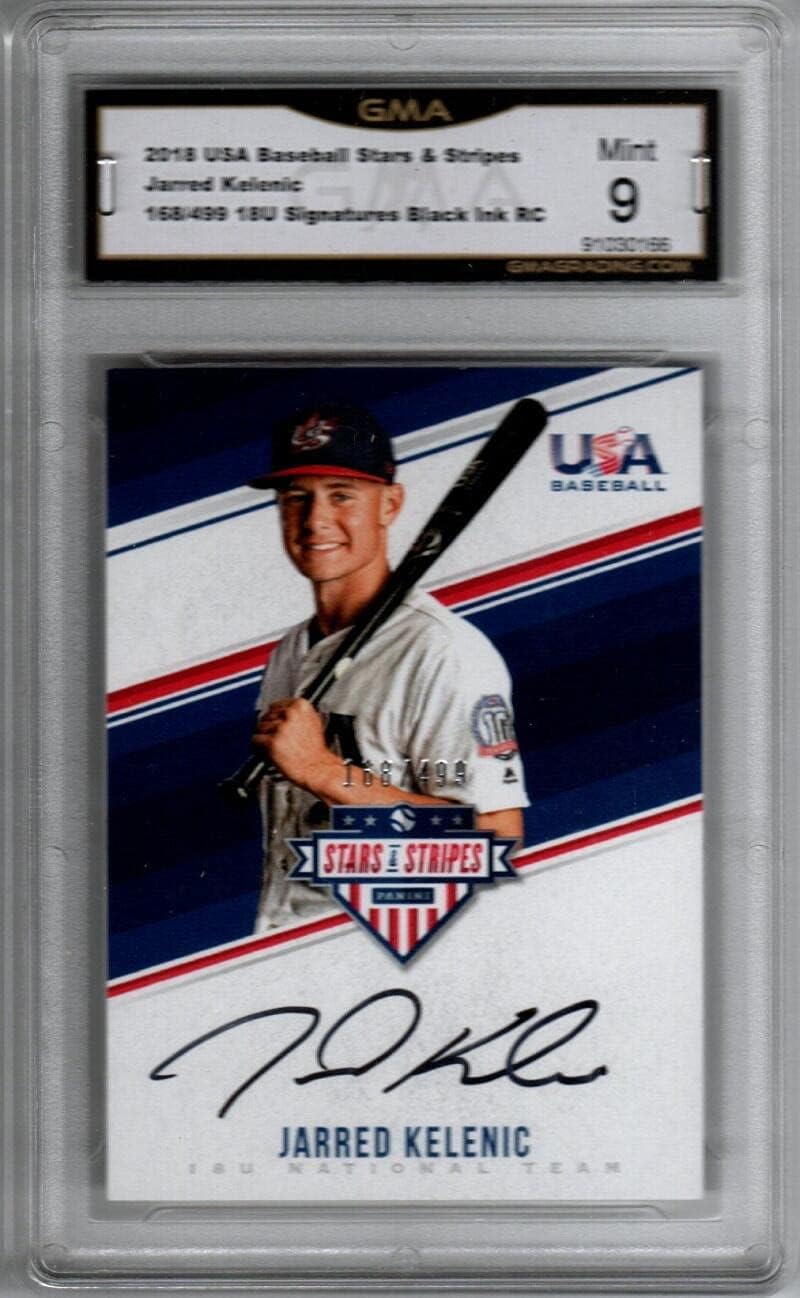 2018 Panini USA Baseball Stars & Stripes Autograph Jarred Kelenic RC Rookie AUTO 168/499 Graded GMA 9 (MINT) Baseball Trading Card Seattle Mariners
