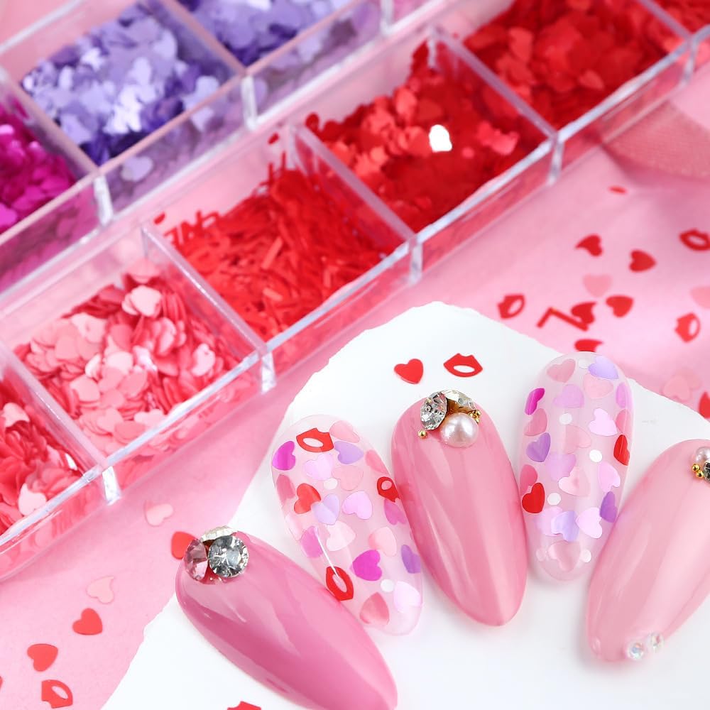 12-Grid Mixed Color Valentine's Day Nail Art Glitter Sequins Mixed Love Stars Letters Lips Color Heart-Shaped Nail Sequins Valentine's DIY Nail Art Decoration