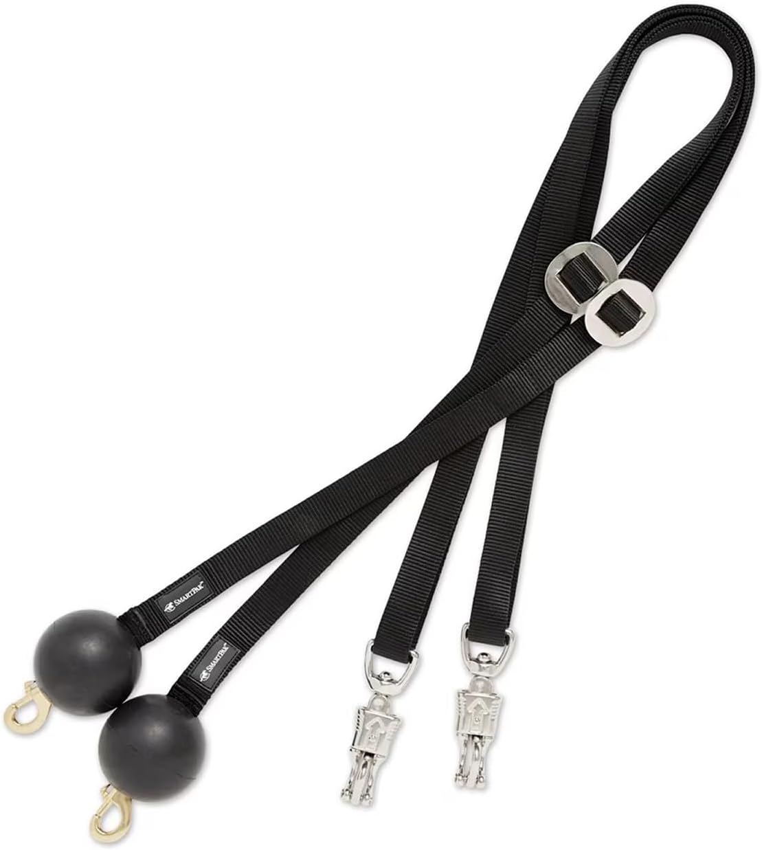 Quiet Drop Horse Cross Ties in Black Nylon Webbing | 3 Inch Diameter Rubber Ball | Adjustable Slider Buckle | Panic Snap | Sold in Pairs (2)