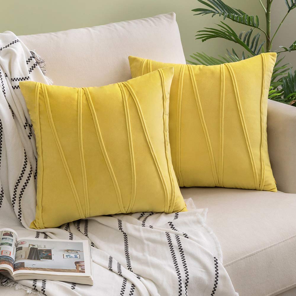 Woaboy Fall Stripe Velvet Pillow Covers Soft Cushion Covers Solid Square Pillowcases Decorative Comfortable for Couch Bed Sofa Living Room Office 2 Pieces 20x20inch 50x50cm Lemon Yellow