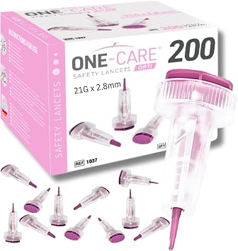 ONE-CARE Opti Safety Lancets، زر علوي نشط، 21 G &times; 2.8 مم، راحة، عدد 200، محملة مسبقًا، معقمة