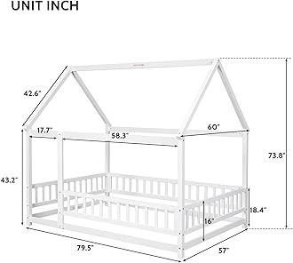 LLS Full Size Kids Floor Bed Frame with Roof, Wooden Montessori Floor Bed with Fence, House Bed for Boys Girls Bedroom, White
