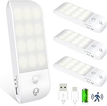 Detake Motion Sensor Lights [4 Pack] Type C Rechargeable Night Lights with 3 Lighting Modes - Natural White Stick-On Light with Magnetic Strips for Cupboard, Stairs, Wardrobe, Hallway, Kitchen, Garage