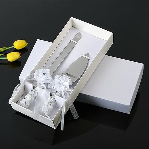 Miniatura 2 de Ramo de flores Juego de cuchillos de pastel de boda cinta blanca y juego de cuchillos de ceremonia de cristal Swarovski, servidores de pastel y