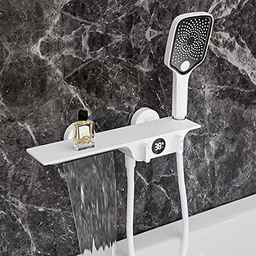 Robinet de baignoire effet cascade mural avec douchette laiton blanc - 2